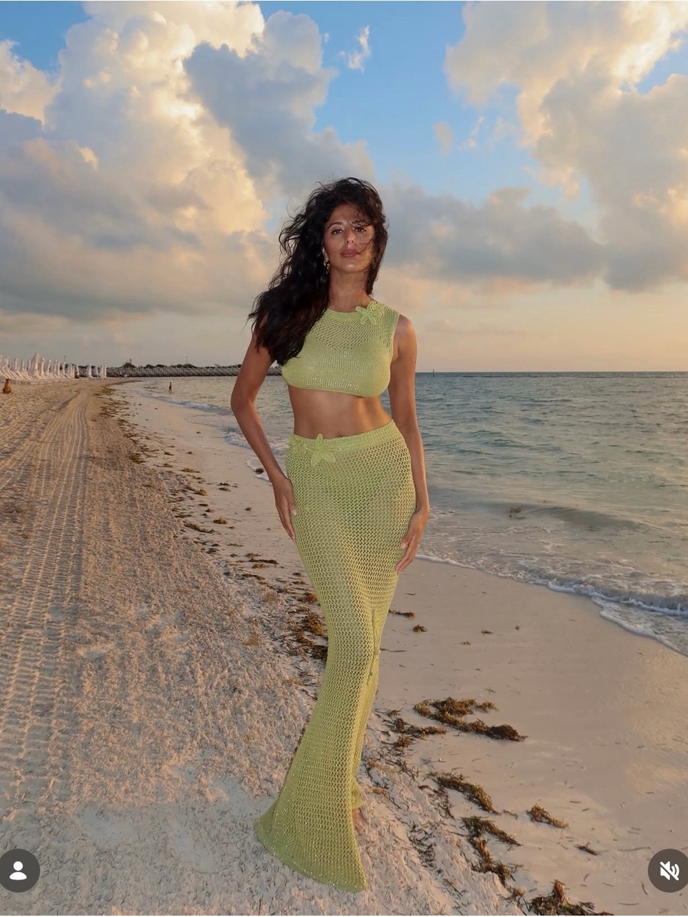 BANANHOT Green Crochet Two-Piece Beach Set - Crop Top & Maxi Skirt